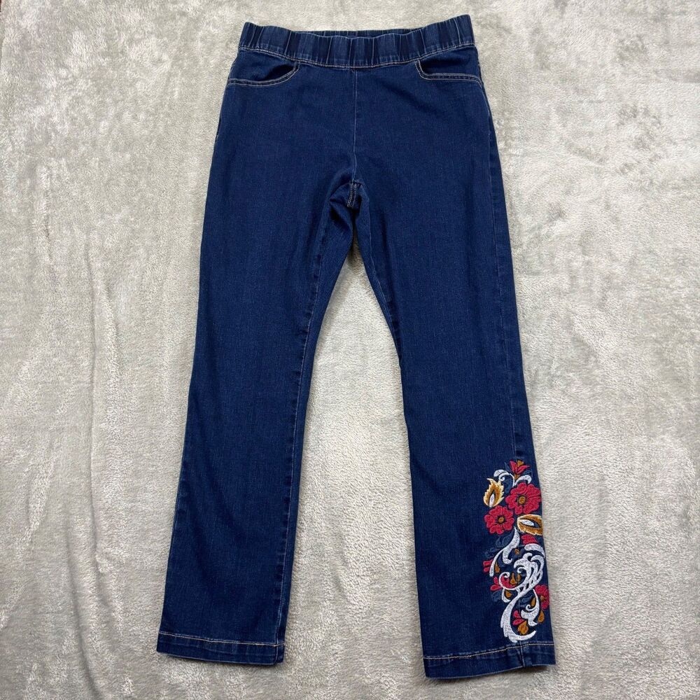 Blue Desire Jeans Women's M Blue Denim Straight Pull On Embroidered Floral 32x29